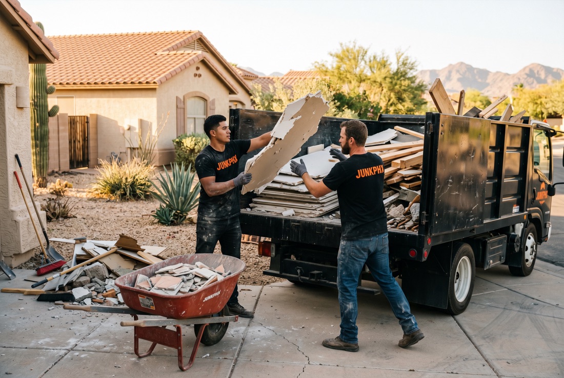 JunkPHX crew loading demolition debris into a dump truck