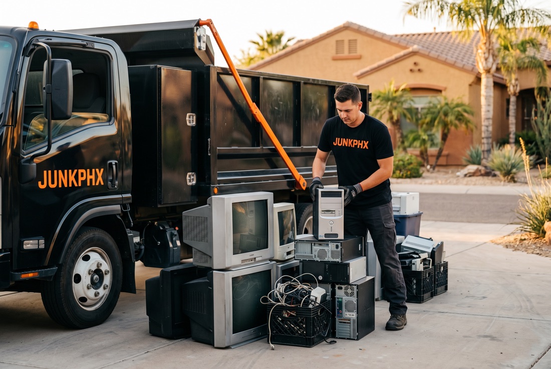 JunkPHX crew sorting old electronics for recycling