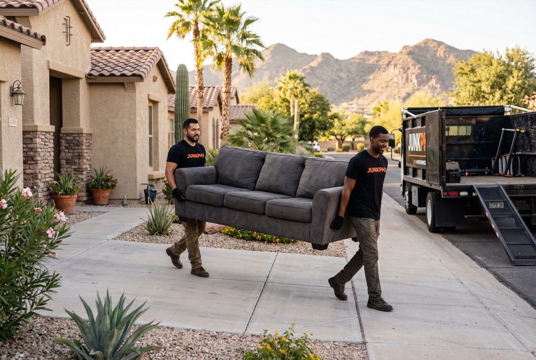 JunkPHX hauler carrying a sofa and appliance out of a Phoenix home