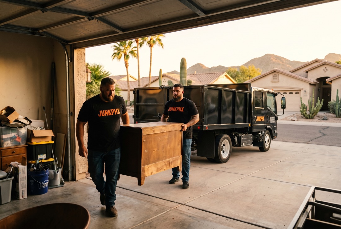 JunkPHX crew clearing a Phoenix garage